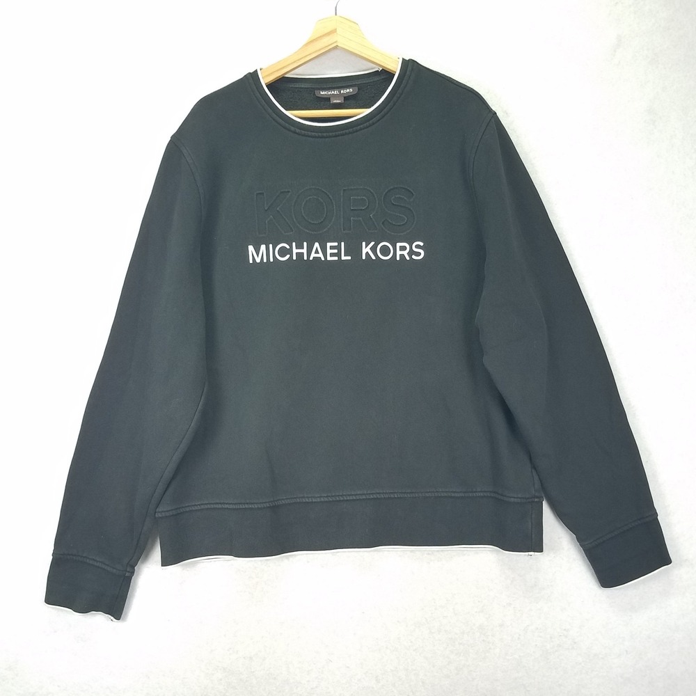 Michael Kors Men's 2XL Black Debossed Logo Crewneck Sweatshirt Tipped Trim